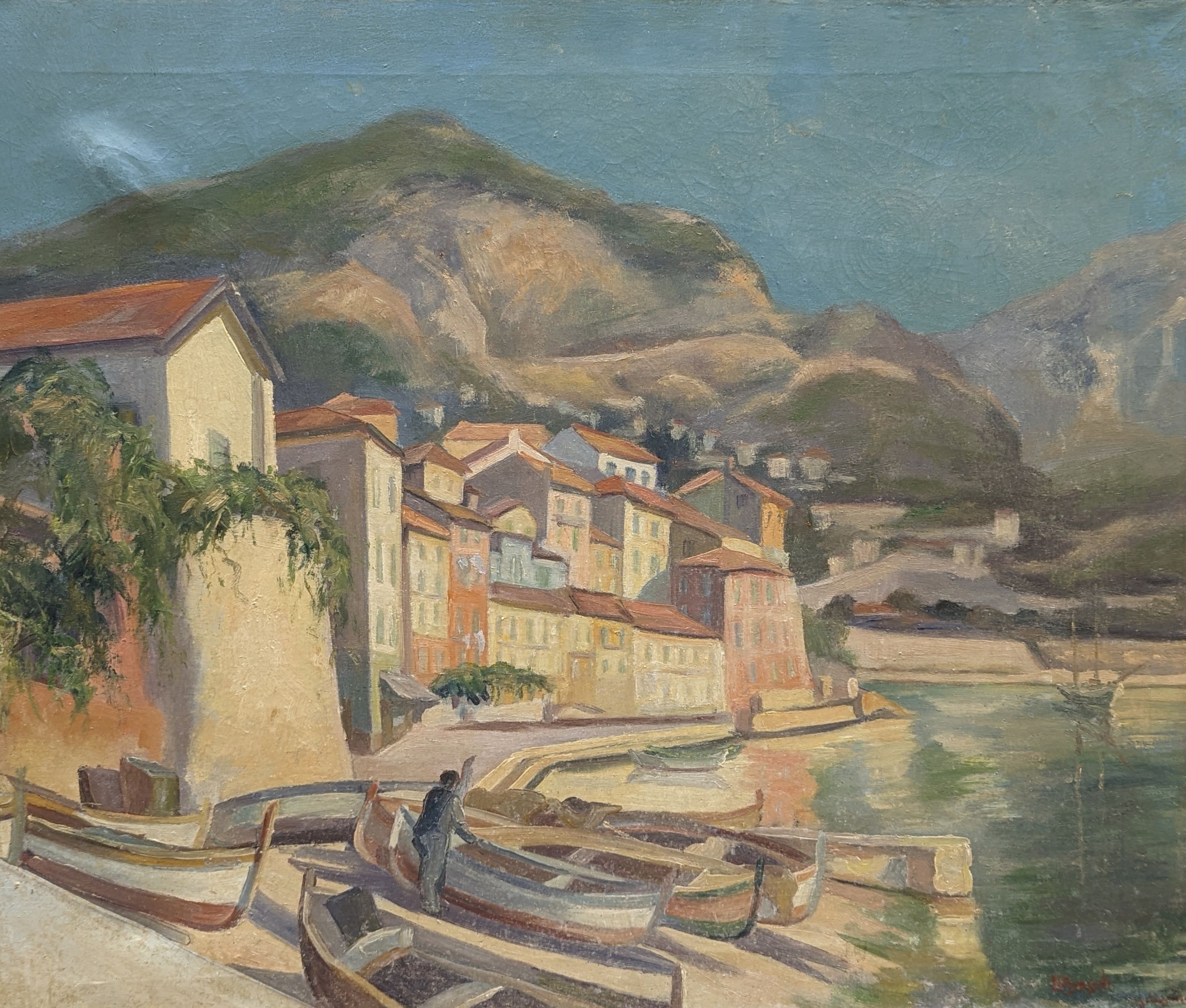 Hans Brasch (1882-1973), oil on canvas, Mediterranean fishing village, signed, 57 x 68cm, unframed